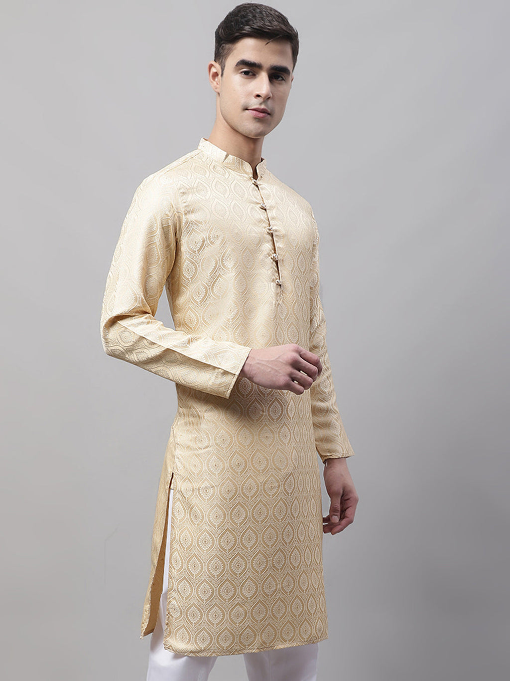 Jompers Men's Ethnic Beige Woven Design Kurta
