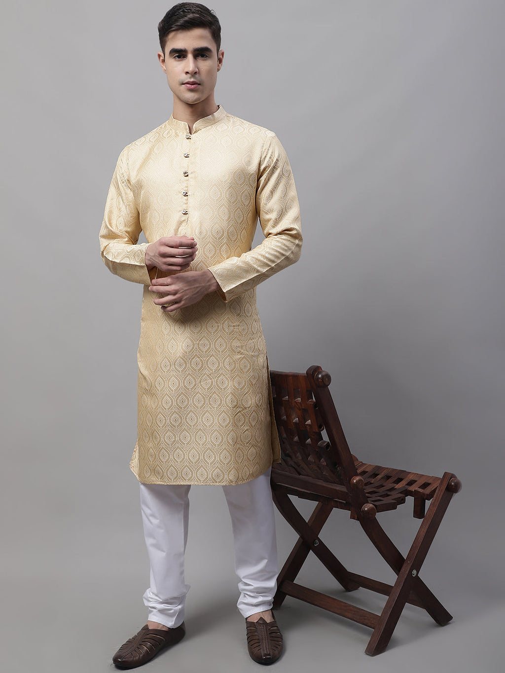 Jompers Men's Ethnic Beige Woven Design Kurta