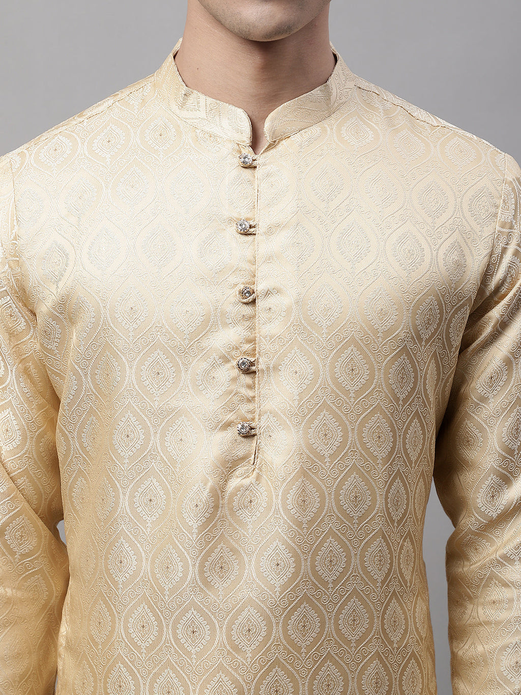 Jompers Men's Ethnic Beige Woven Design Kurta