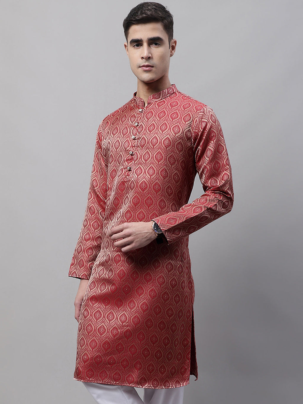 Jompers Men's Ethnic Maroon Woven Design Kurta