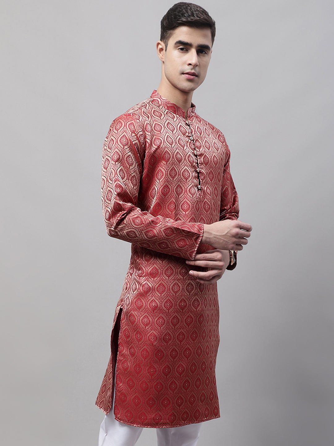 Jompers Men's Ethnic Maroon Woven Design Kurta