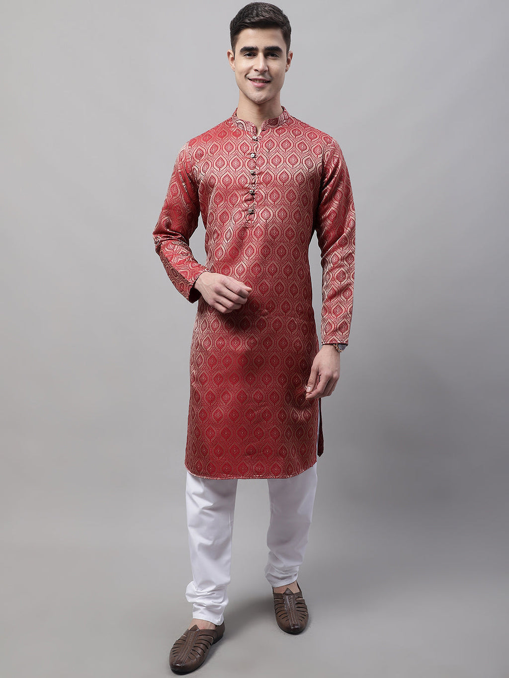 Jompers Men's Ethnic Maroon Woven Design Kurta