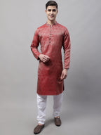 Jompers Men's Ethnic Maroon Woven Design Kurta