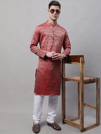 Jompers Men's Ethnic Maroon Woven Design Kurta