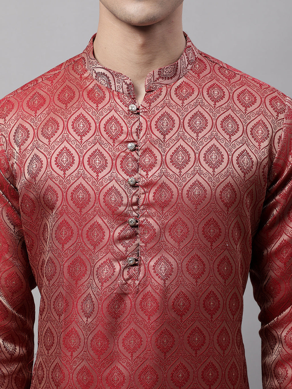 Jompers Men's Ethnic Maroon Woven Design Kurta