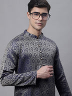 Jompers Men's Ethnic Navy Blue Woven Design Kurta