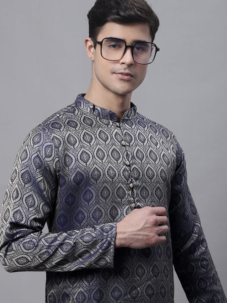 Jompers Men's Ethnic Navy Blue Woven Design Kurta