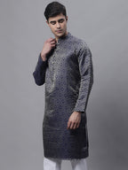 Jompers Men's Ethnic Navy Blue Woven Design Kurta