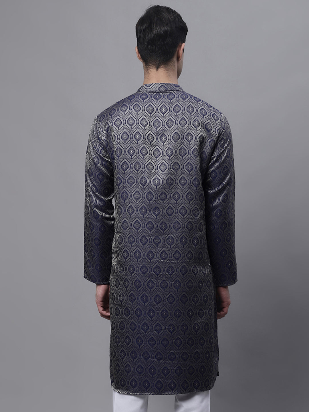 Jompers Men's Ethnic Navy Blue Woven Design Kurta