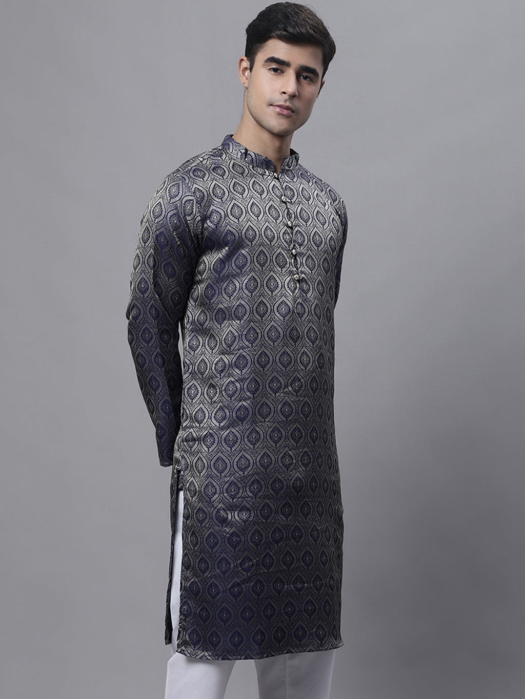 Jompers Men's Ethnic Navy Blue Woven Design Kurta