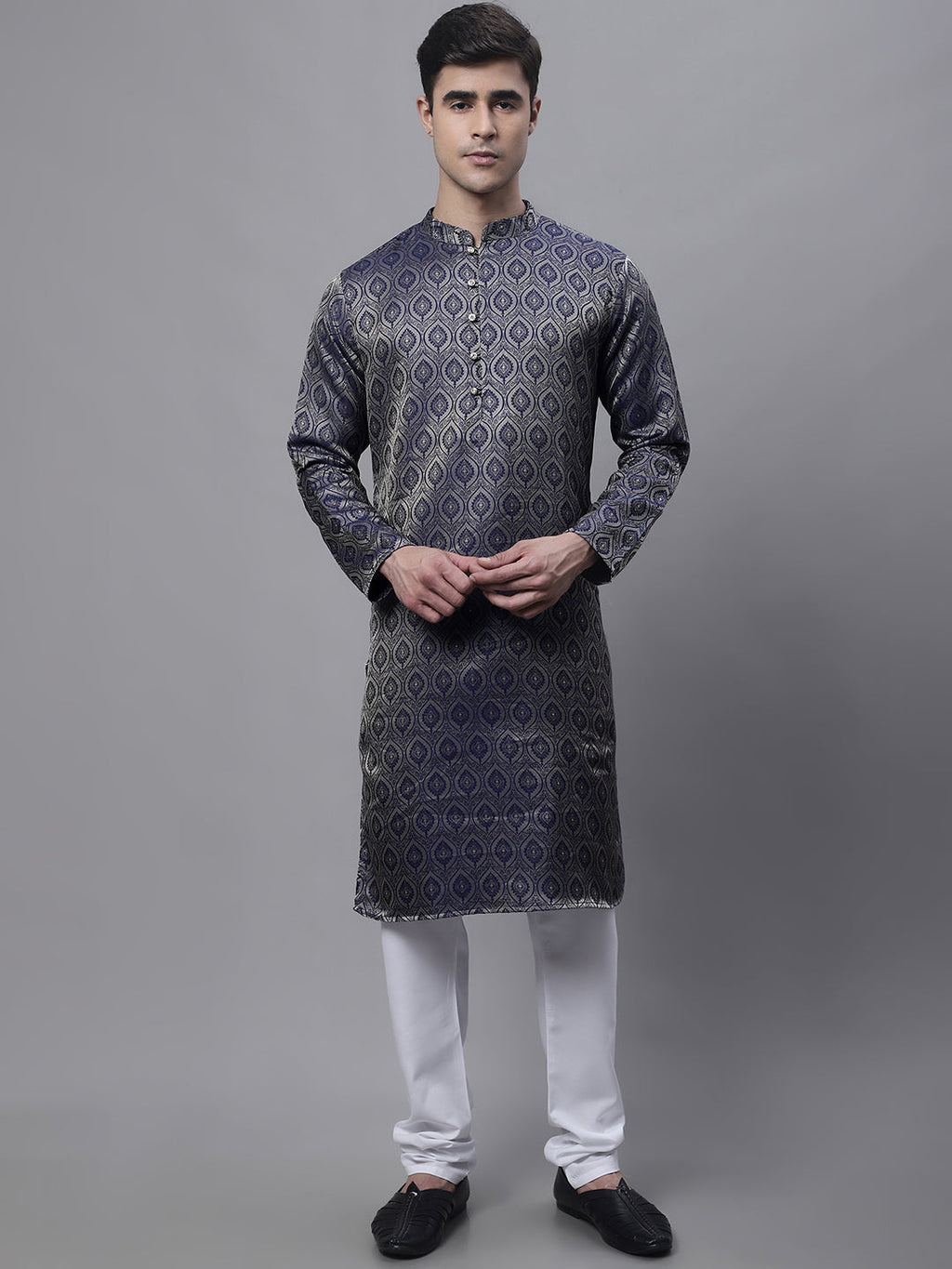 Jompers Men's Ethnic Navy Blue Woven Design Kurta