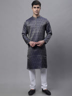 Jompers Men's Ethnic Navy Blue Woven Design Kurta