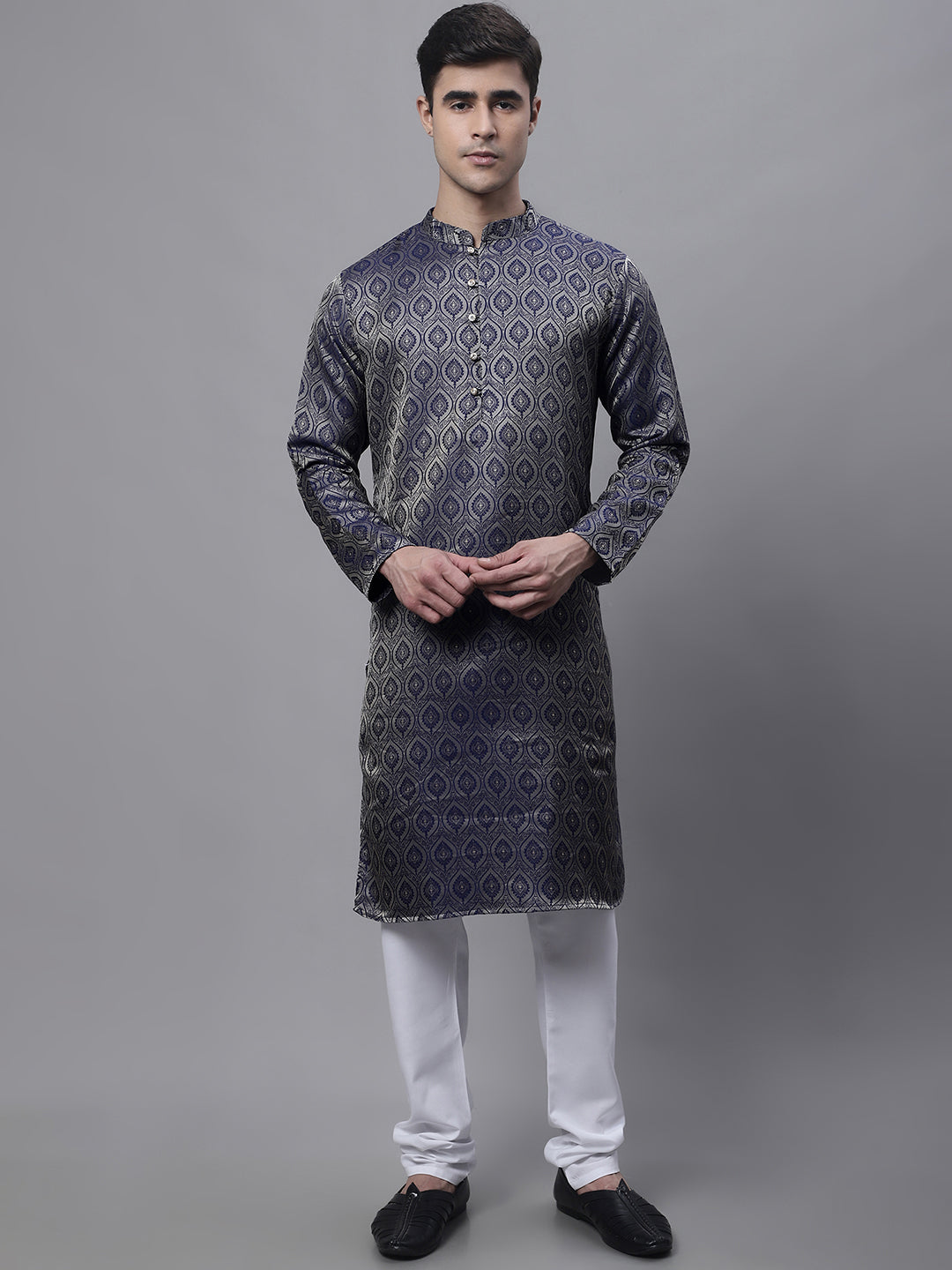 Jompers Men's Ethnic Navy Blue Woven Design Kurta