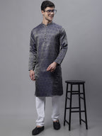 Jompers Men's Ethnic Navy Blue Woven Design Kurta