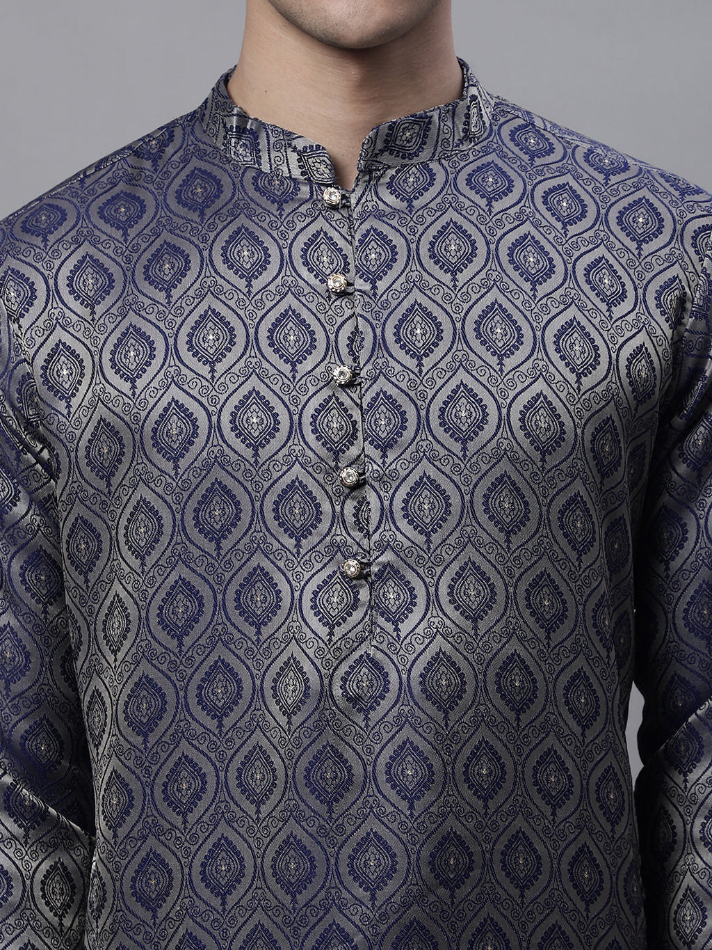 Jompers Men's Ethnic Navy Blue Woven Design Kurta