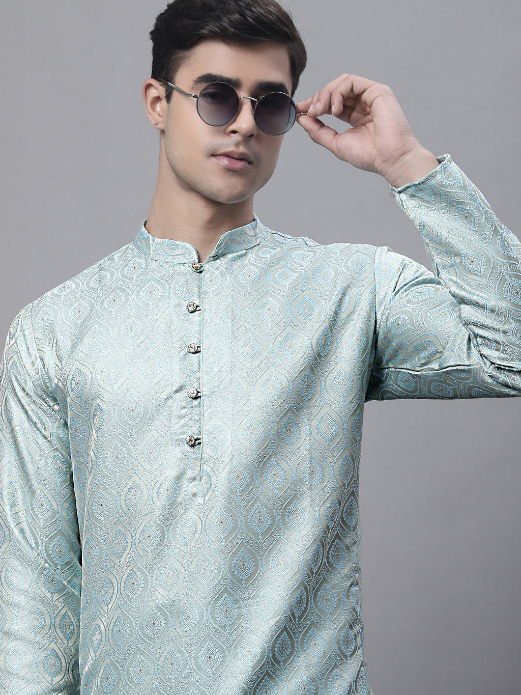 Jompers Men's Ethnic Sky Blue Woven Design Kurta