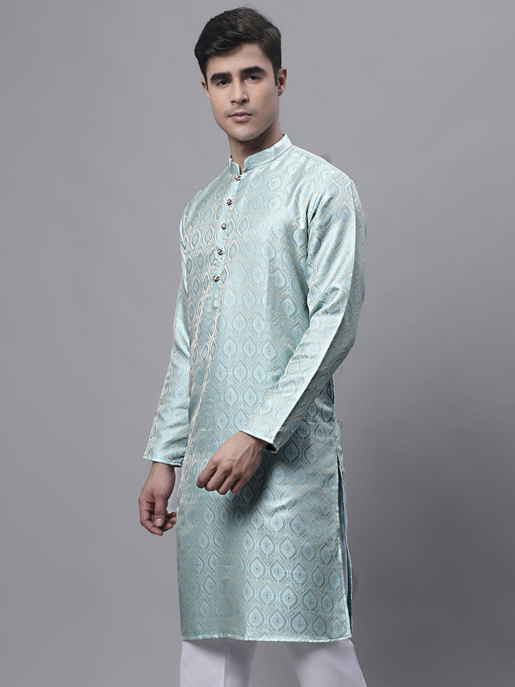 Jompers Men's Ethnic Sky Blue Woven Design Kurta