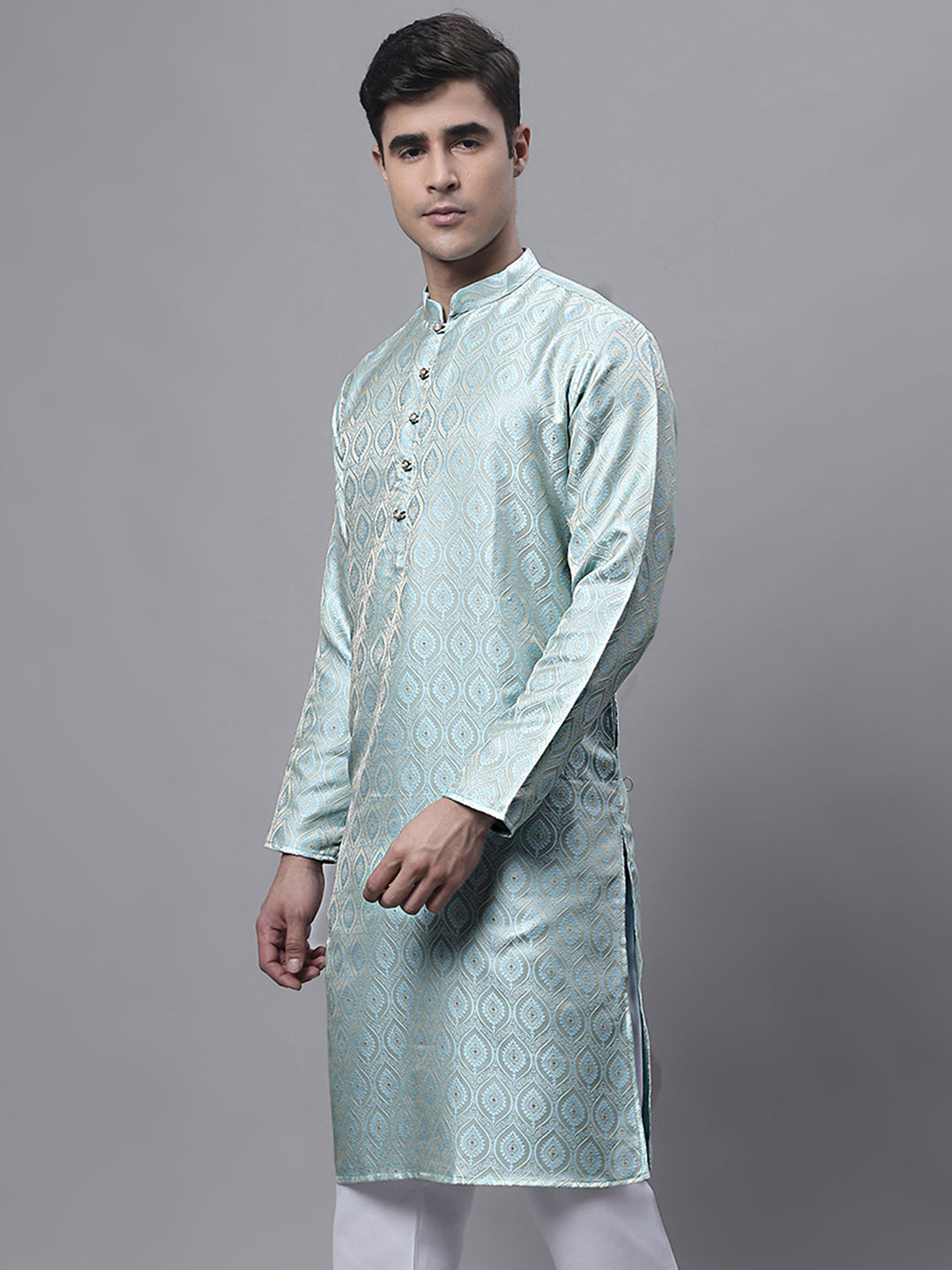 Jompers Men's Ethnic Sky Blue Woven Design Kurta