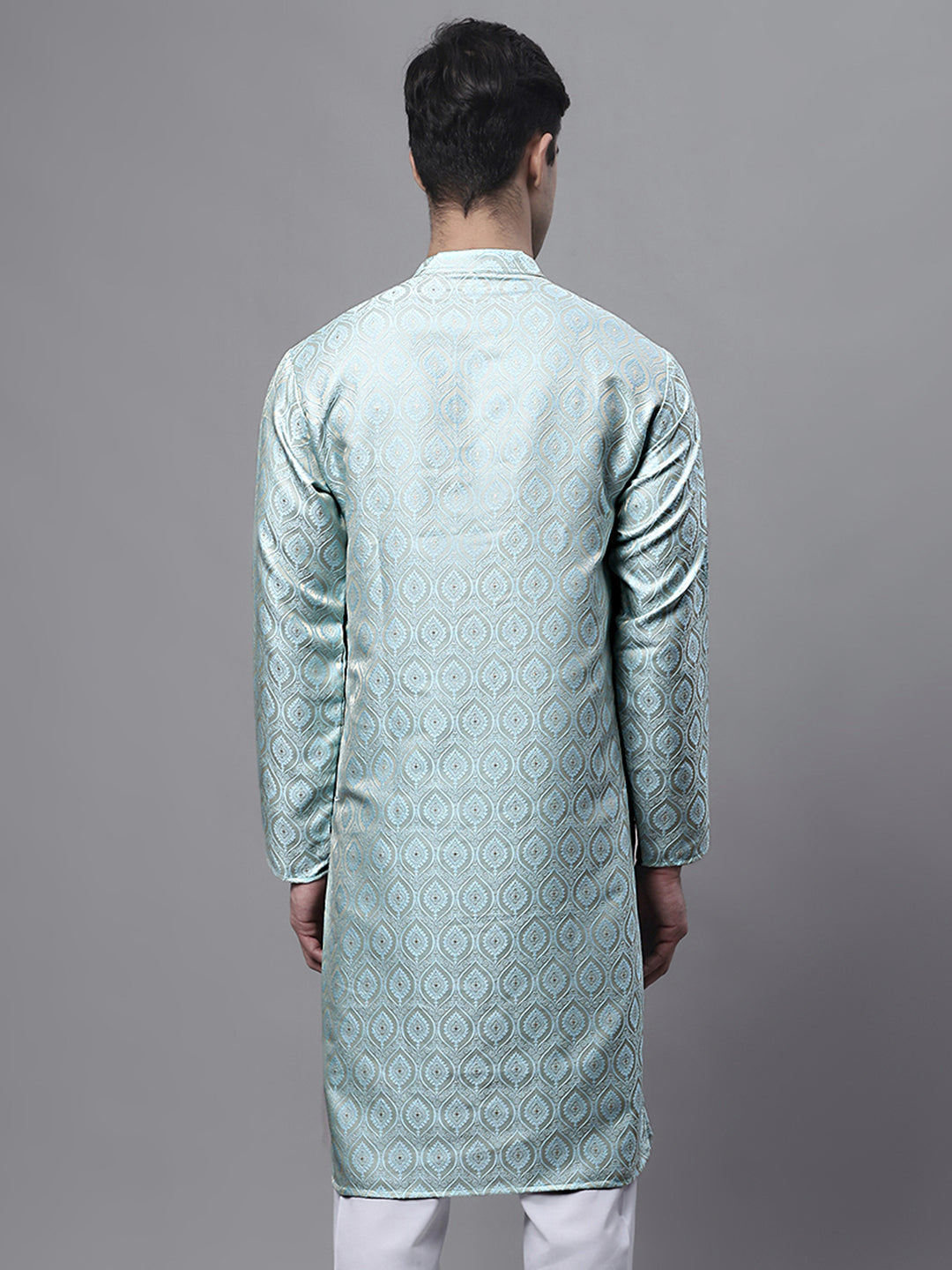Jompers Men's Ethnic Sky Blue Woven Design Kurta