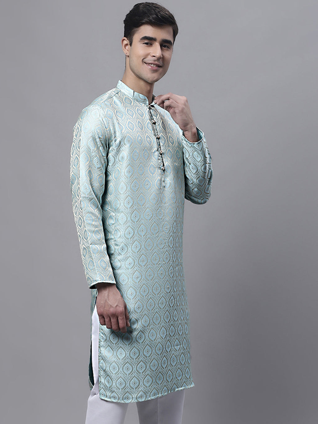 Jompers Men's Ethnic Sky Blue Woven Design Kurta