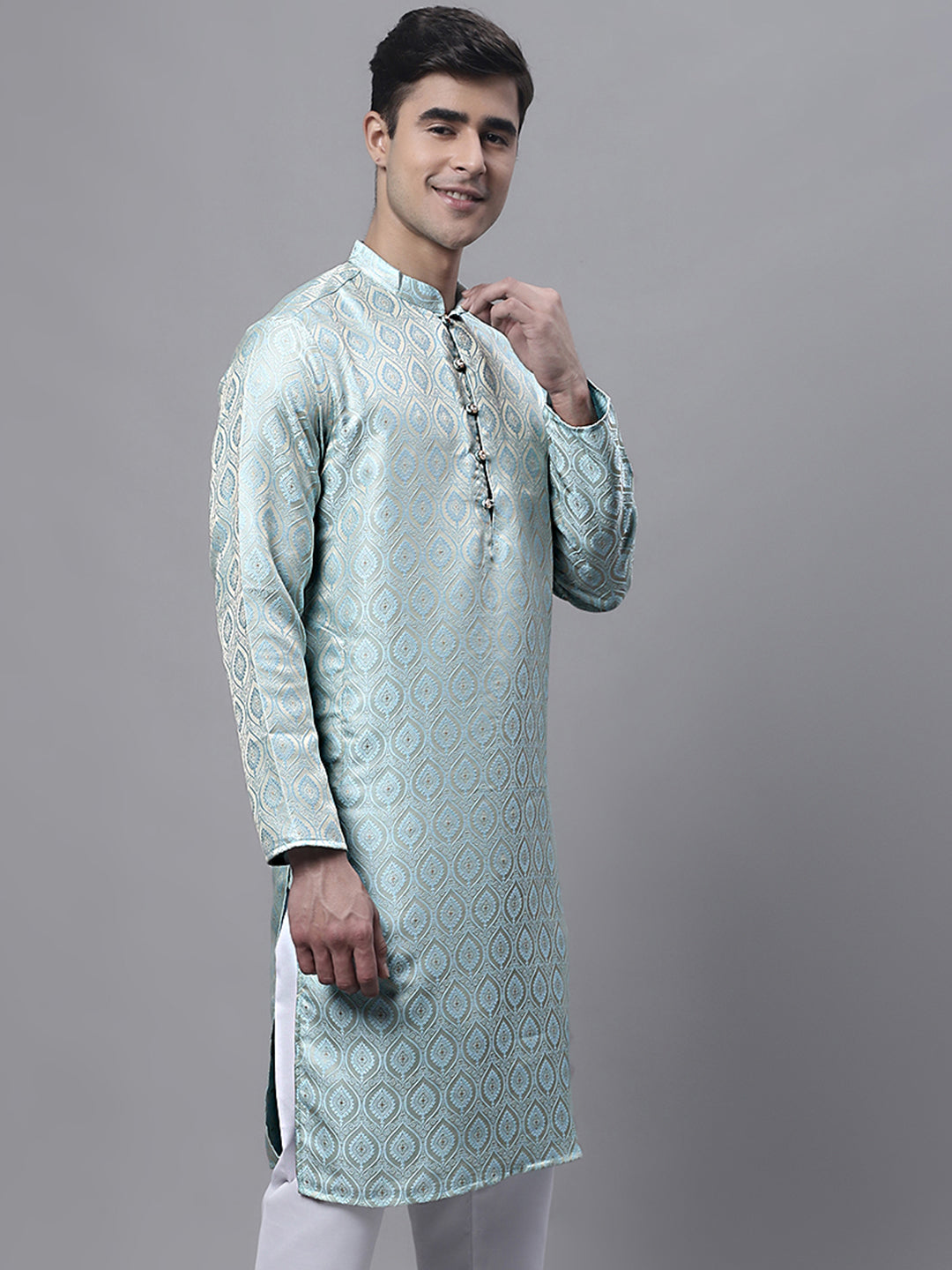 Jompers Men's Ethnic Sky Blue Woven Design Kurta