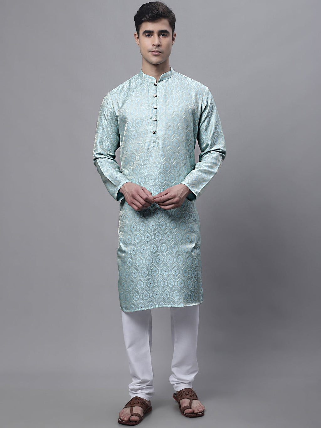 Jompers Men's Ethnic Sky Blue Woven Design Kurta