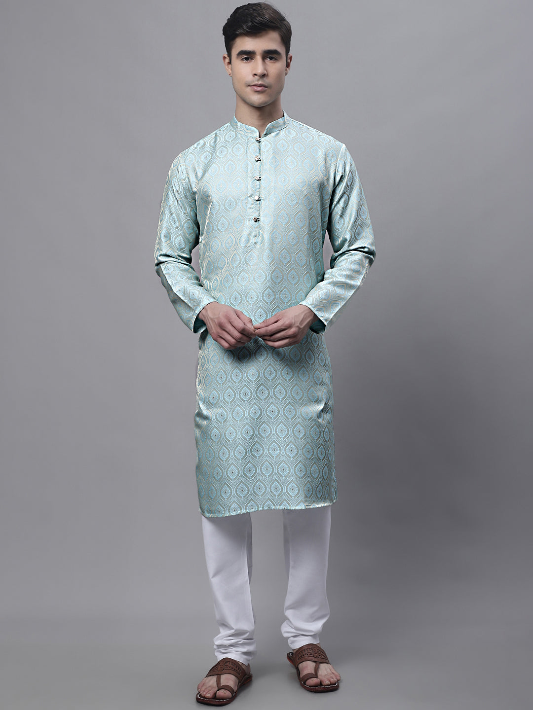Jompers Men's Ethnic Sky Blue Woven Design Kurta
