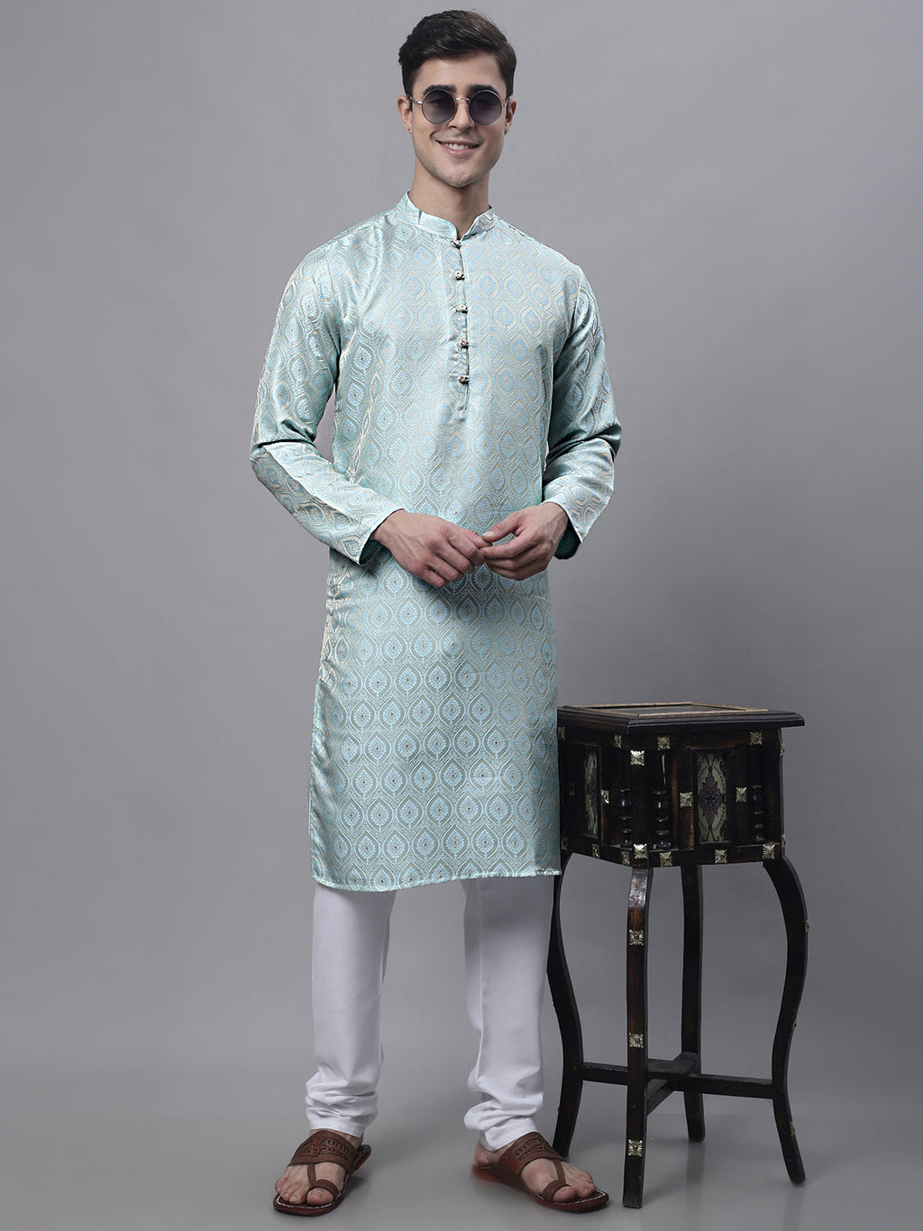 Jompers Men's Ethnic Sky Blue Woven Design Kurta