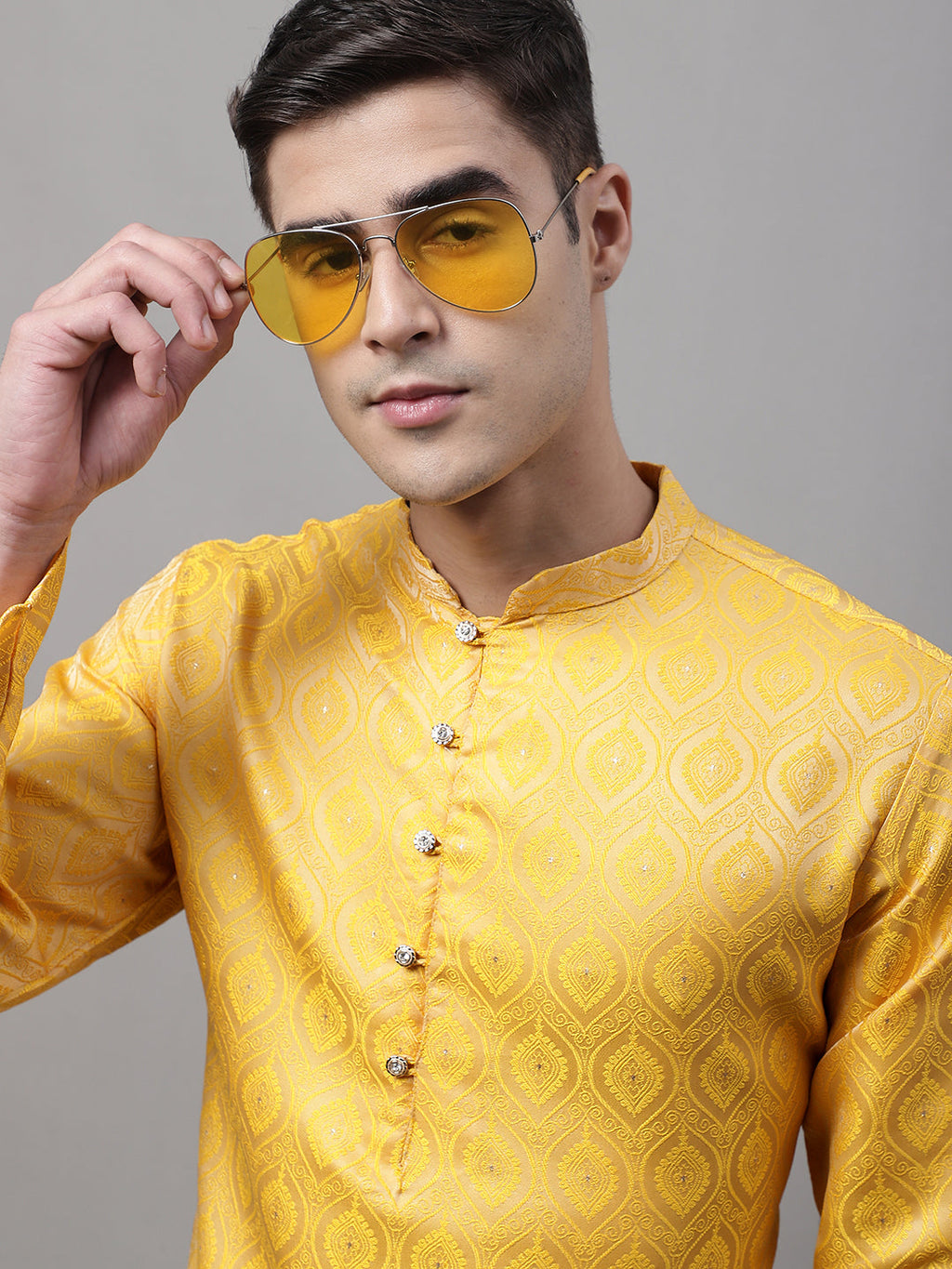 Jompers Men's Ethnic Yellow Woven Design Kurta