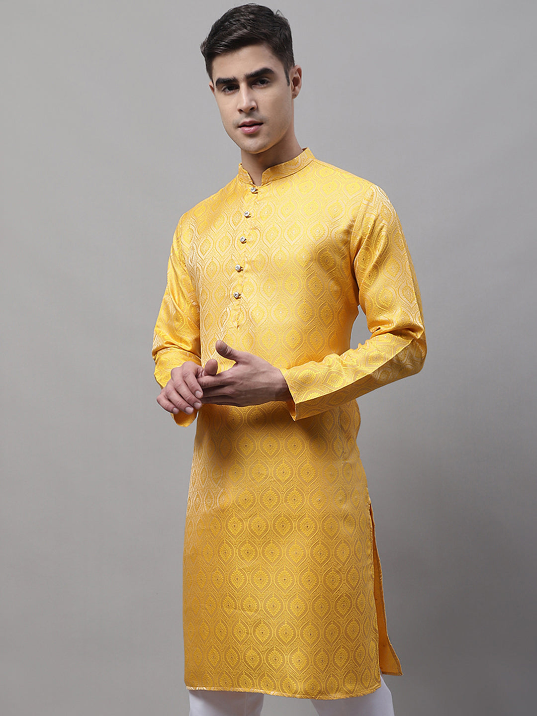 Jompers Men's Ethnic Yellow Woven Design Kurta