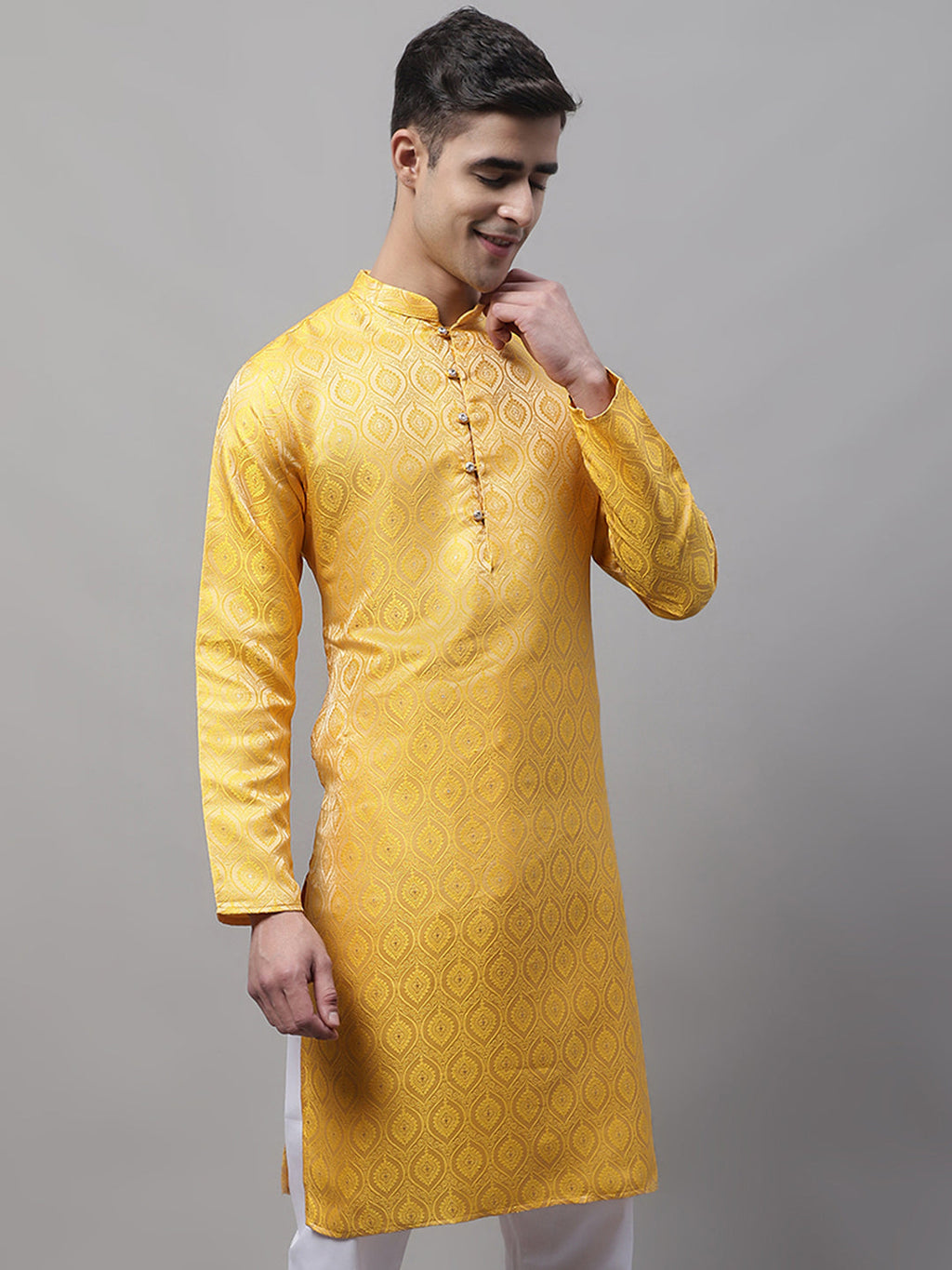 Jompers Men's Ethnic Yellow Woven Design Kurta