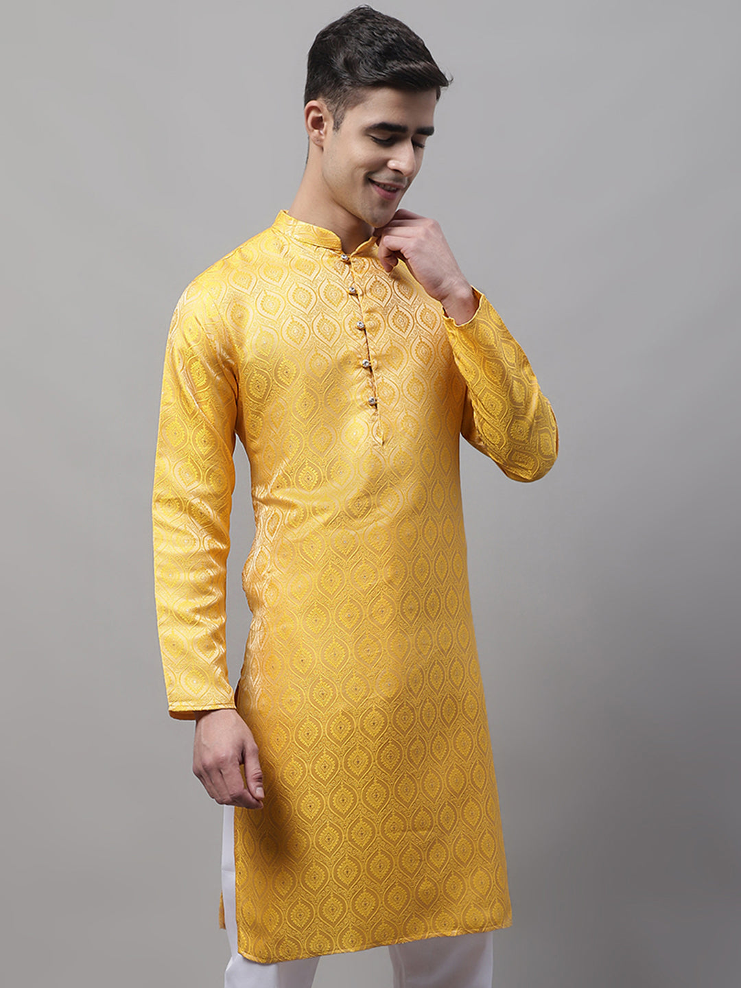 Jompers Men's Ethnic Yellow Woven Design Kurta
