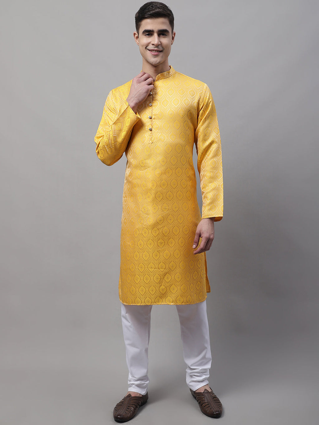 Jompers Men's Ethnic Yellow Woven Design Kurta