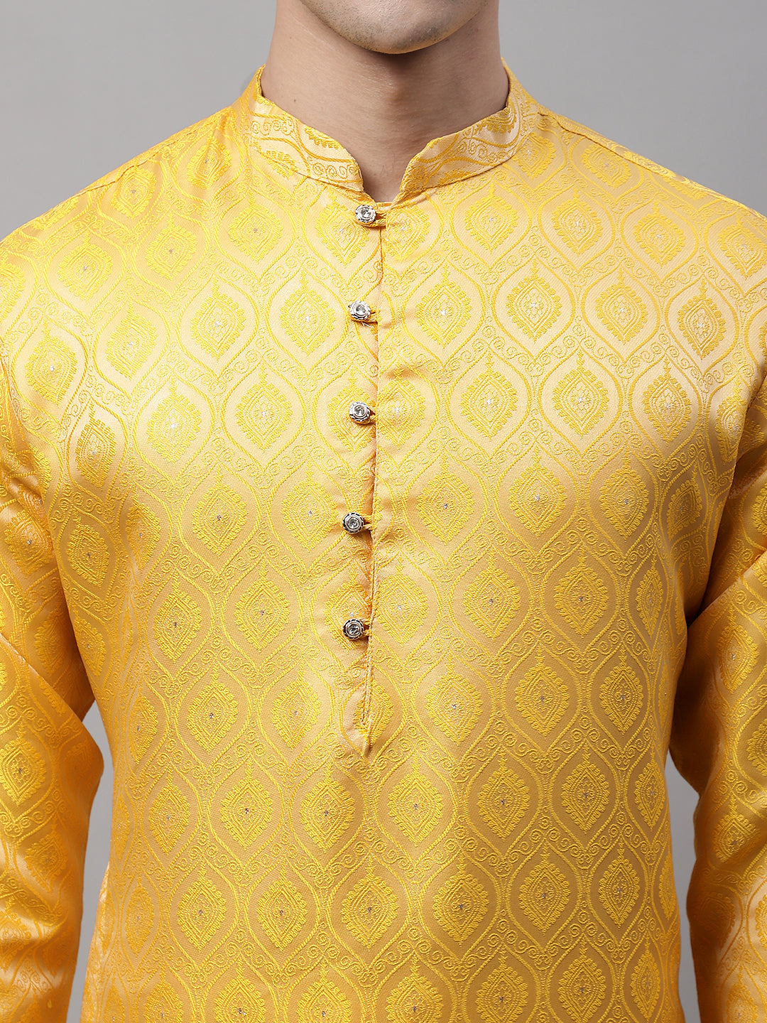 Jompers Men's Ethnic Yellow Woven Design Kurta
