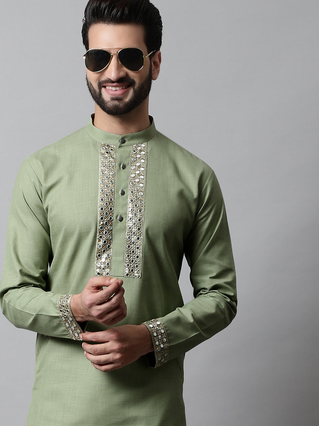 Jompers Men's Pista Green Embroidered Kurta