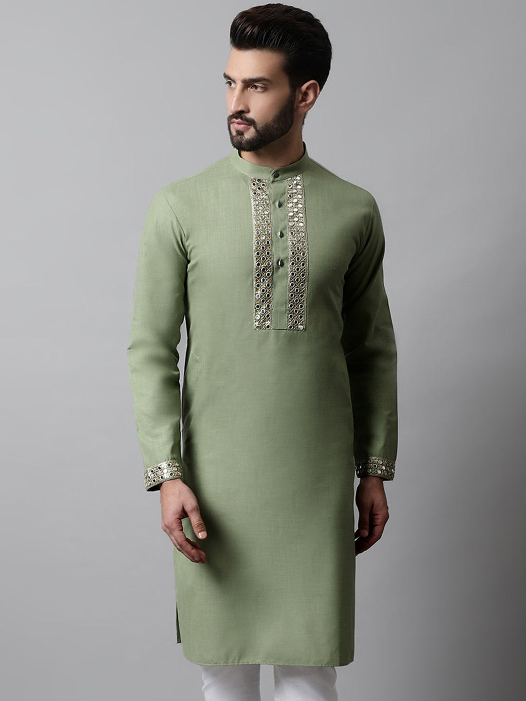 Jompers Men's Pista Green Embroidered Kurta