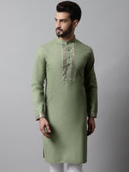 Jompers Men's Pista Green Embroidered Kurta