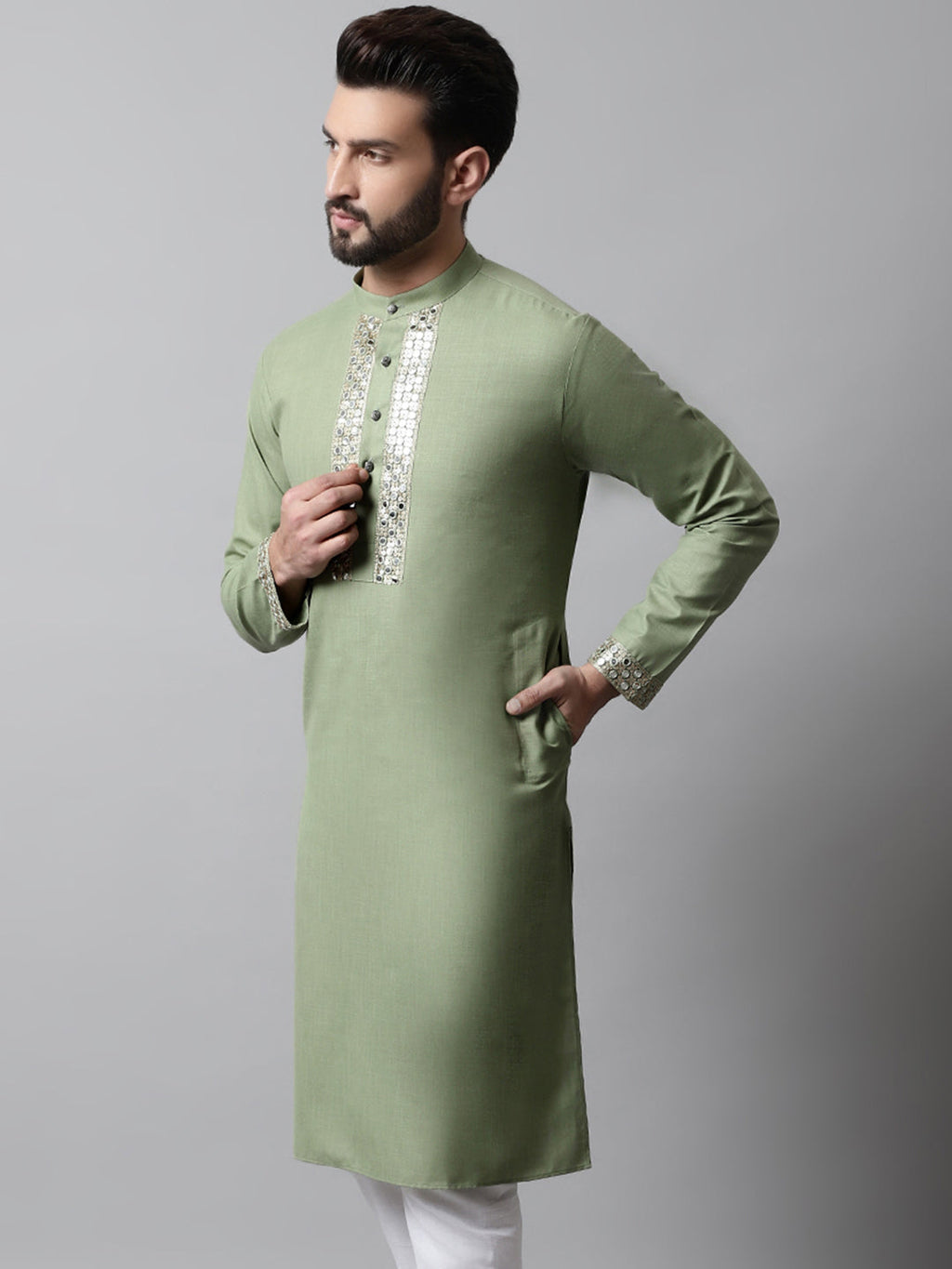 Jompers Men's Pista Green Embroidered Kurta