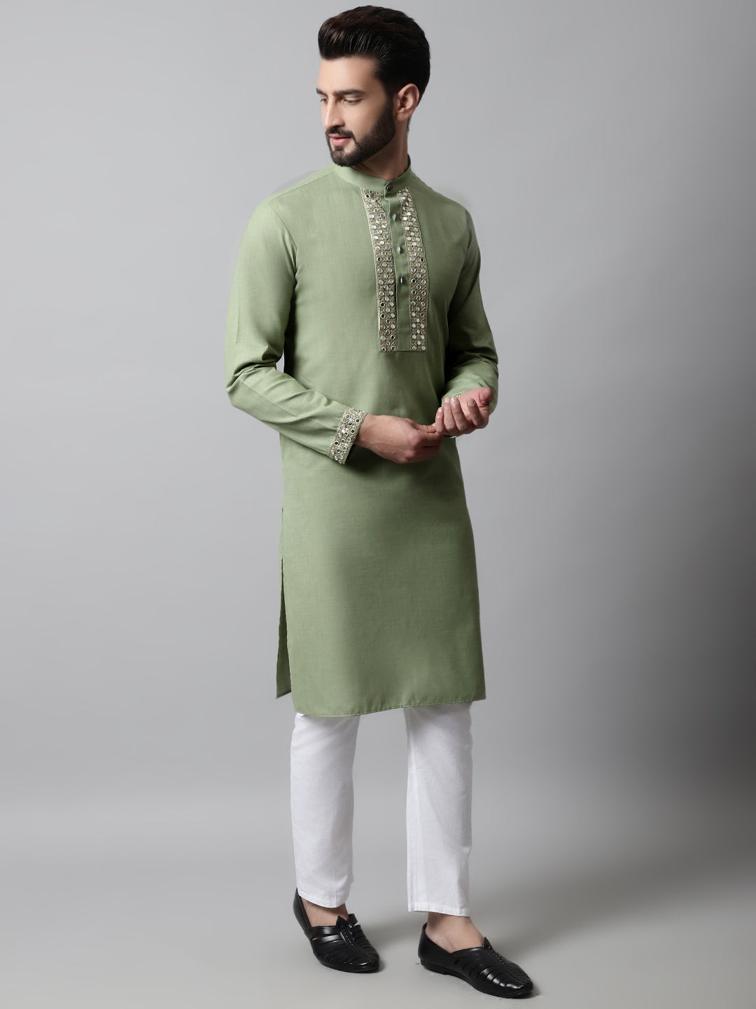 Jompers Men's Pista Green Embroidered Kurta
