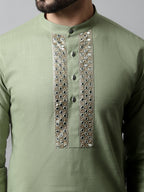 Jompers Men's Pista Green Embroidered Kurta