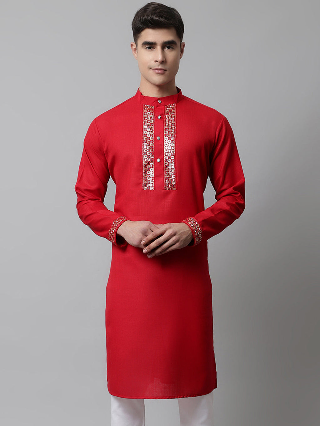 Jompers Men's Red Embroidered Kurta