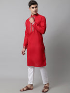 Jompers Men's Red Embroidered Kurta