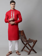Jompers Men's Red Embroidered Kurta