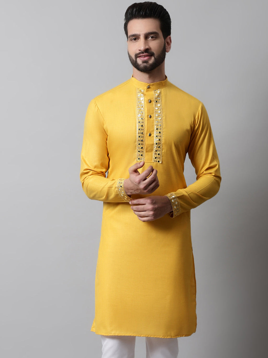 Jompers Men's Yellow Embroidered Kurta