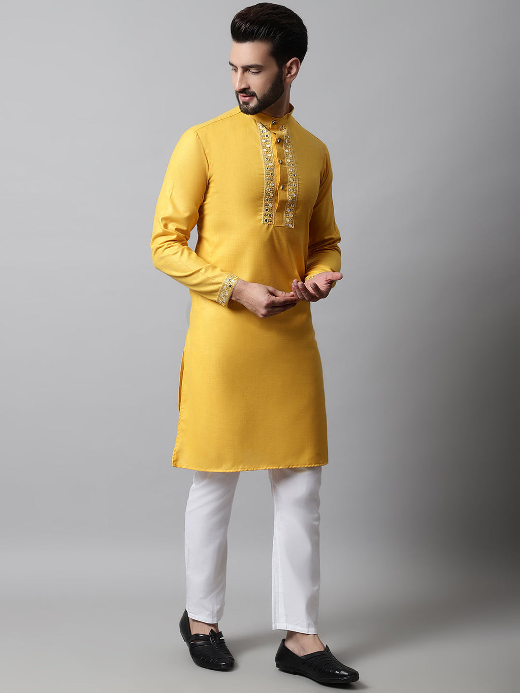 Jompers Men's Yellow Embroidered Kurta
