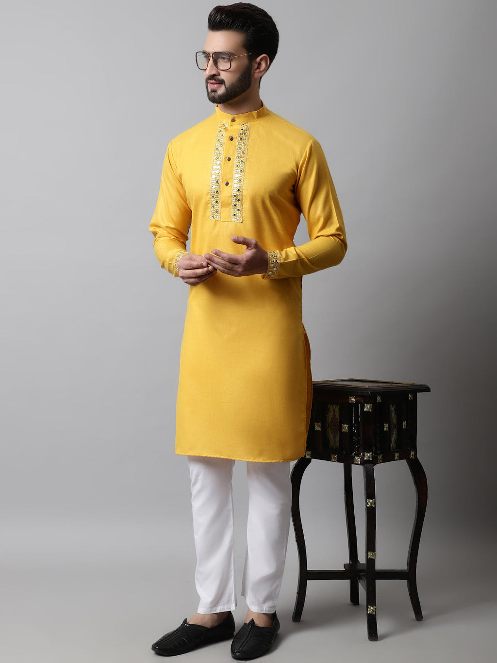 Jompers Men's Yellow Embroidered Kurta