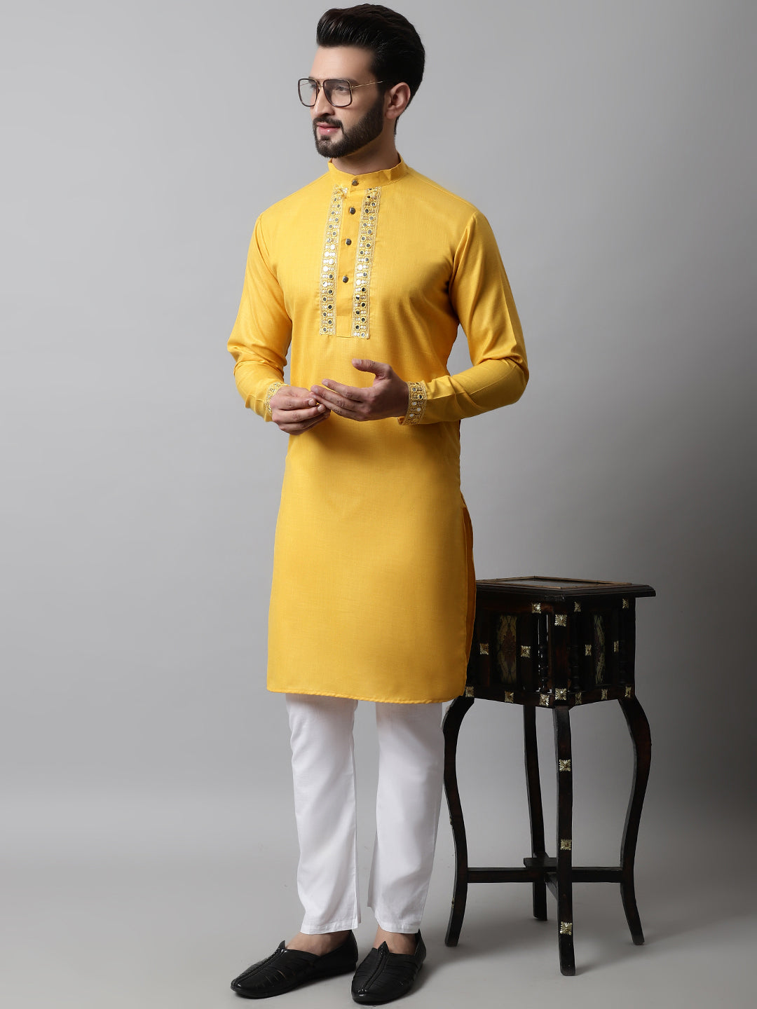Jompers Men's Yellow Embroidered Kurta