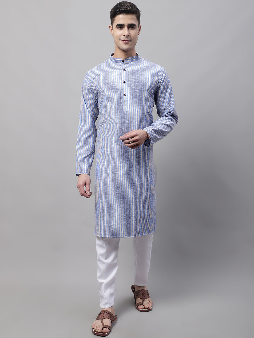 Jompers Men's Blue and White Striped Kurta