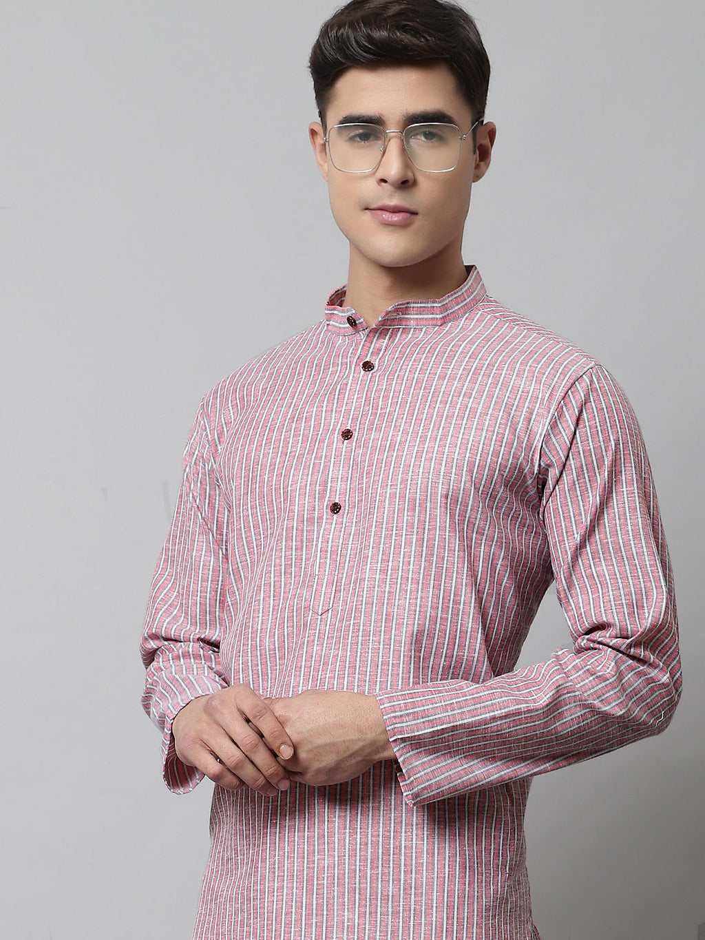 Jompers Men's Coral Red Striped Kurta