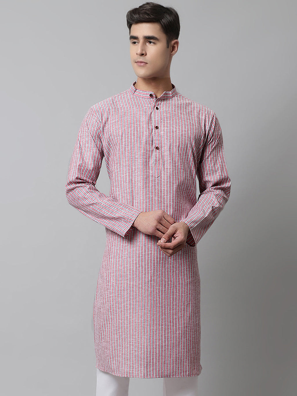 Jompers Men's Coral Red Striped Kurta